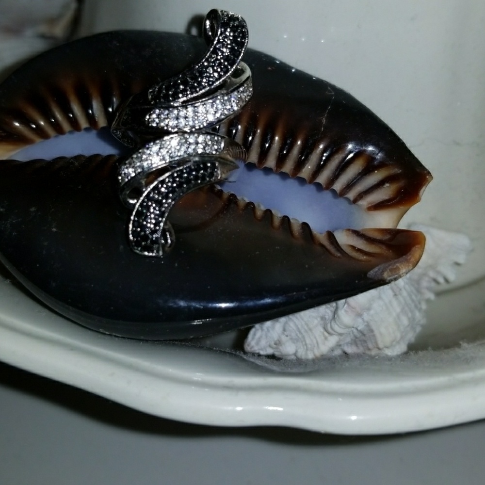 Silver plated black and clear cz ring